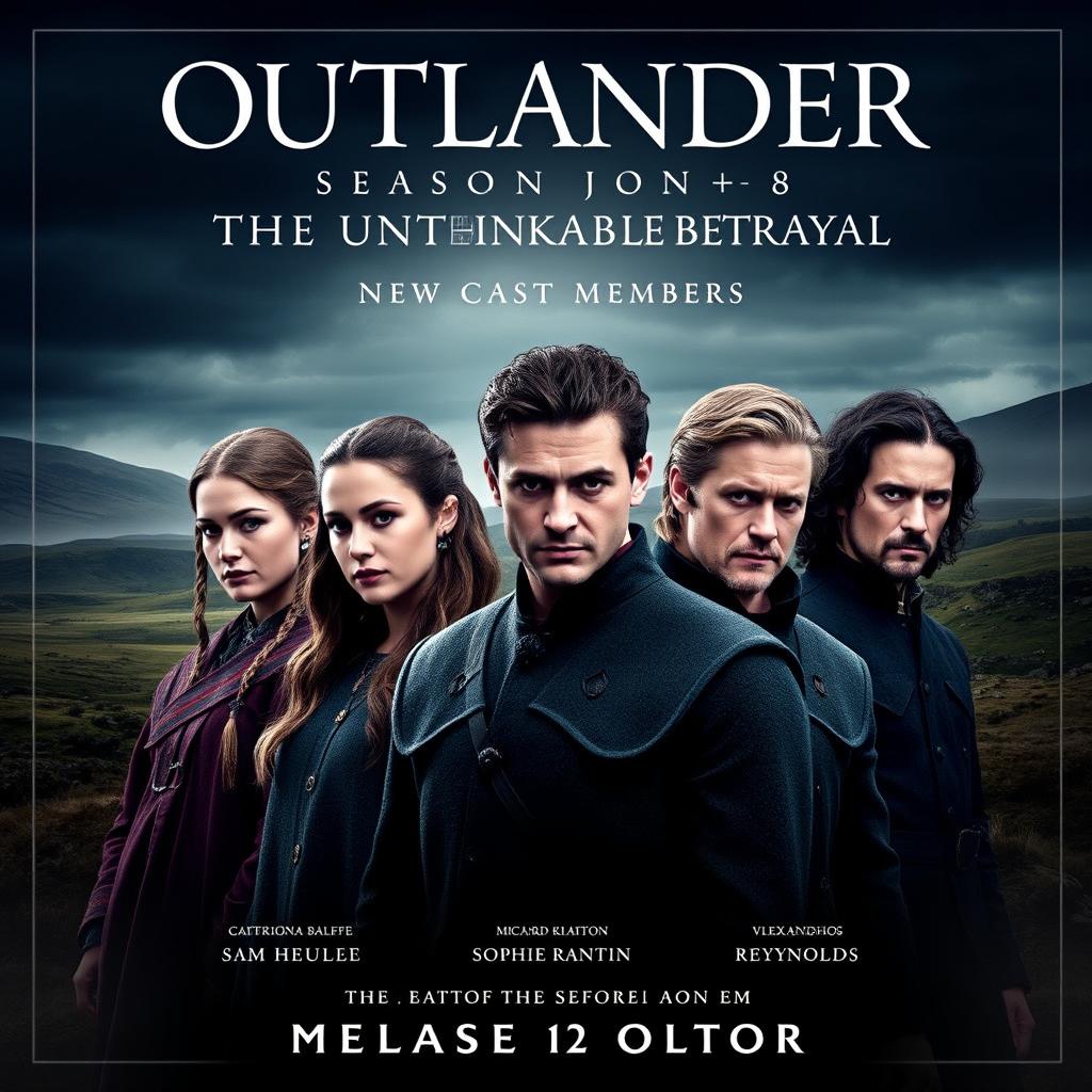 A captivating movie poster for 'OUTLANDER Season 8: The Unthinkable Betrayal (2025)', featuring the main cast including Caitriona Balfe, Sam Heughan, Sophie Skelton, Richard Rankin, and John Bell in their iconic roles