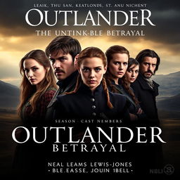 A captivating movie poster for 'OUTLANDER Season 8: The Unthinkable Betrayal (2025)', featuring the main cast including Caitriona Balfe, Sam Heughan, Sophie Skelton, Richard Rankin, and John Bell in their iconic roles