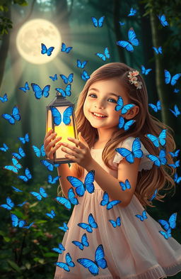 A young girl with a joyful expression, holding a glowing lantern in her hands