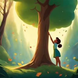 A young child in awe of a towering tree in a lush forest, reaching out to touch a falling leaf