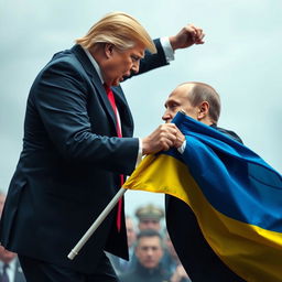 Donald Trump striking Vladimir Putin while holding a Ukrainian flag