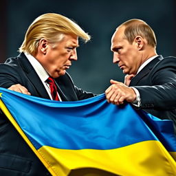 Donald Trump striking Vladimir Putin while holding a Ukrainian flag