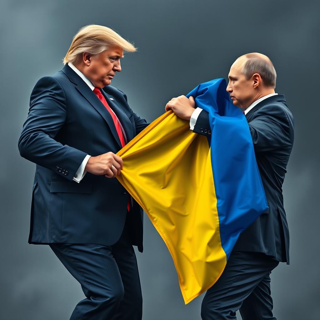 Donald Trump striking Vladimir Putin while holding a Ukrainian flag