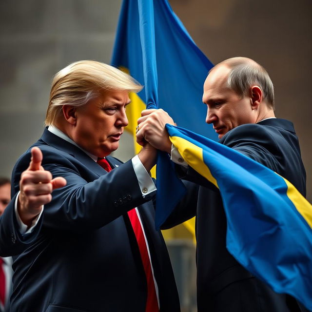 Donald Trump striking Vladimir Putin while holding a Ukrainian flag