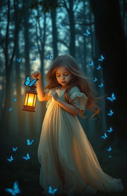A mysterious little girl standing in a mystical forest at twilight, holding an old-fashioned lantern that emits a warm, gentle glow