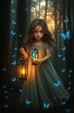 A mysterious little girl standing in a mystical forest at twilight, holding an old-fashioned lantern that emits a warm, gentle glow