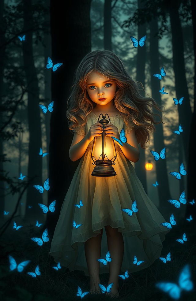 A mysterious little girl standing in a mystical forest at twilight, holding an old-fashioned lantern that emits a warm, gentle glow