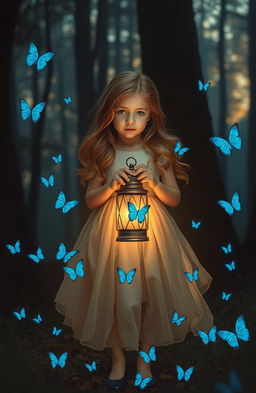 A mysterious little girl standing in a mystical forest at twilight, holding an old-fashioned lantern that emits a warm, gentle glow