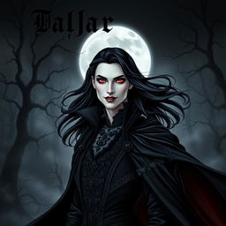 A striking vampire character design for a gothic novel cover, featuring a tall, elegant vampire with long flowing black hair and piercing red eyes