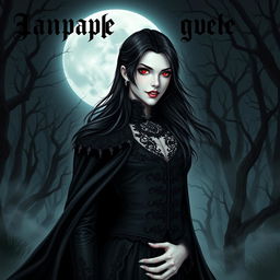 A striking vampire character design for a gothic novel cover, featuring a tall, elegant vampire with long flowing black hair and piercing red eyes