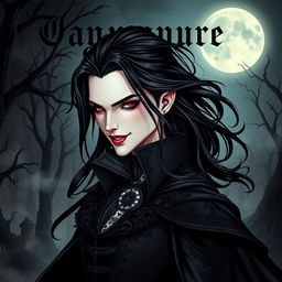 A striking vampire character design for a gothic novel cover, featuring a tall, elegant vampire with long flowing black hair and piercing red eyes
