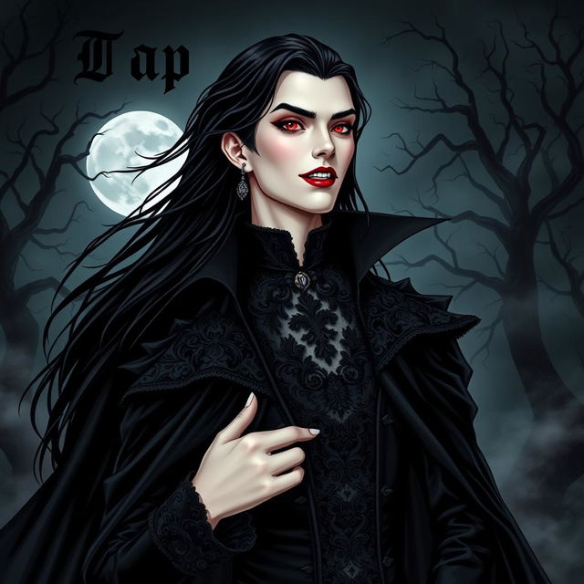 A striking vampire character design for a gothic novel cover, featuring a tall, elegant vampire with long flowing black hair and piercing red eyes