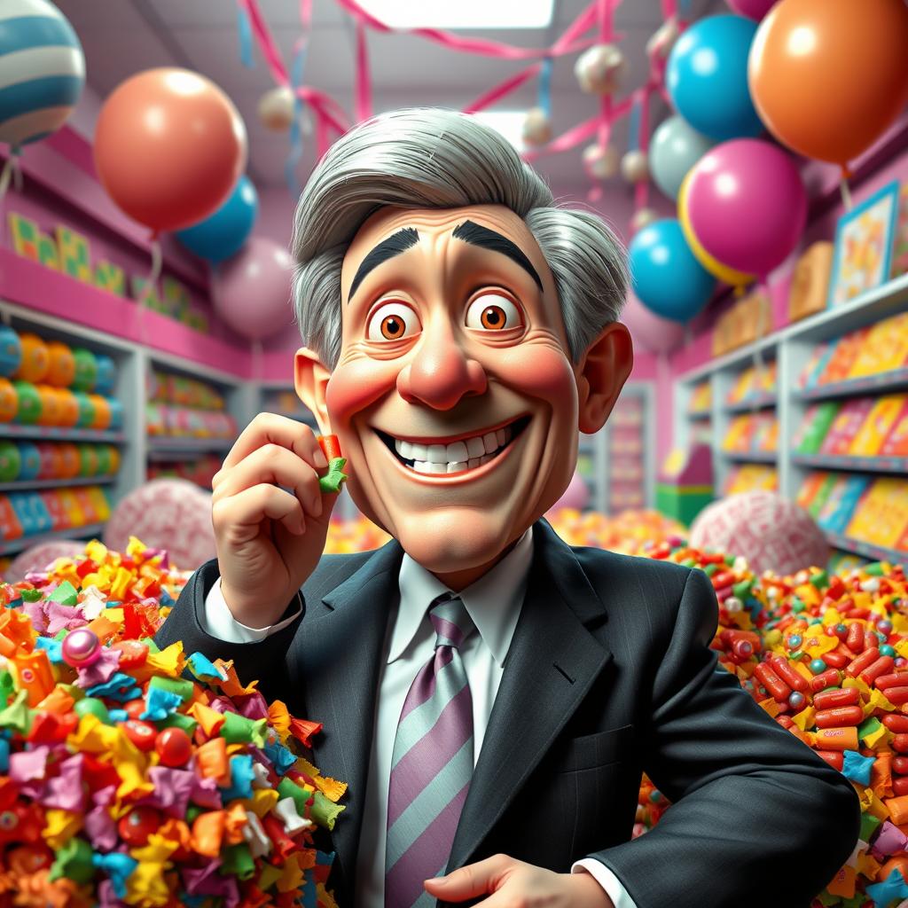 An imaginative depiction of a fictional character resembling a politician, humorously enjoying a large assortment of colorful candies