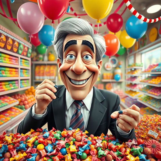 An imaginative depiction of a fictional character resembling a politician, humorously enjoying a large assortment of colorful candies