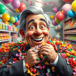 An imaginative depiction of a fictional character resembling a politician, humorously enjoying a large assortment of colorful candies
