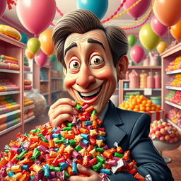 An imaginative depiction of a fictional character resembling a politician, humorously enjoying a large assortment of colorful candies