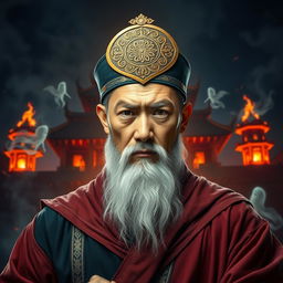 A powerful Vietnamese wizard wearing a mystical talisman on his head, expertly crafted with intricate designs, stands confidently in the foreground