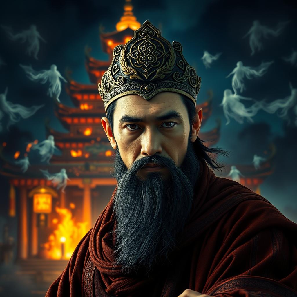 A powerful Vietnamese wizard wearing a mystical talisman on his head, expertly crafted with intricate designs, stands confidently in the foreground