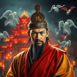 A powerful Vietnamese wizard wearing a mystical talisman on his head, expertly crafted with intricate designs, stands confidently in the foreground
