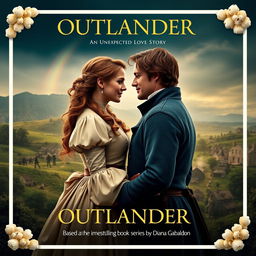 An enticing movie poster for 'OUTLANDER Season 8: An Unexpected Love Story', featuring Claire Fraser and Jamie Fraser in a romantic and adventurous pose