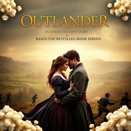 An enticing movie poster for 'OUTLANDER Season 8: An Unexpected Love Story', featuring Claire Fraser and Jamie Fraser in a romantic and adventurous pose