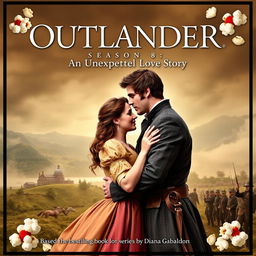 An enticing movie poster for 'OUTLANDER Season 8: An Unexpected Love Story', featuring Claire Fraser and Jamie Fraser in a romantic and adventurous pose