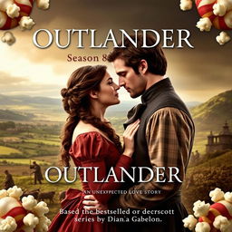 An enticing movie poster for 'OUTLANDER Season 8: An Unexpected Love Story', featuring Claire Fraser and Jamie Fraser in a romantic and adventurous pose