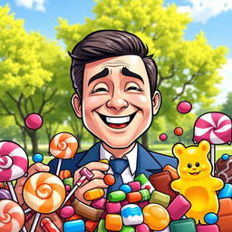 A whimsical cartoon-style illustration of a cheerful Volodymyr Zelensky, the President of Ukraine, happily eating colorful candies