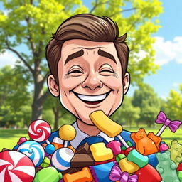 A whimsical cartoon-style illustration of a cheerful Volodymyr Zelensky, the President of Ukraine, happily eating colorful candies