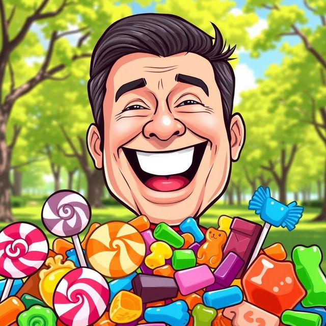 A whimsical cartoon-style illustration of a cheerful Volodymyr Zelensky, the President of Ukraine, happily eating colorful candies