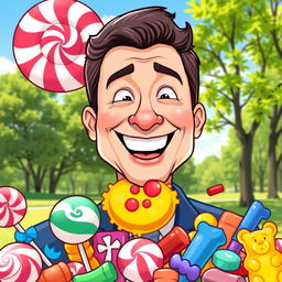 A whimsical cartoon-style illustration of a cheerful Volodymyr Zelensky, the President of Ukraine, happily eating colorful candies