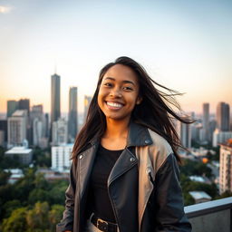 A young woman of diverse ethnic background, smiling brightly against an urban landscape