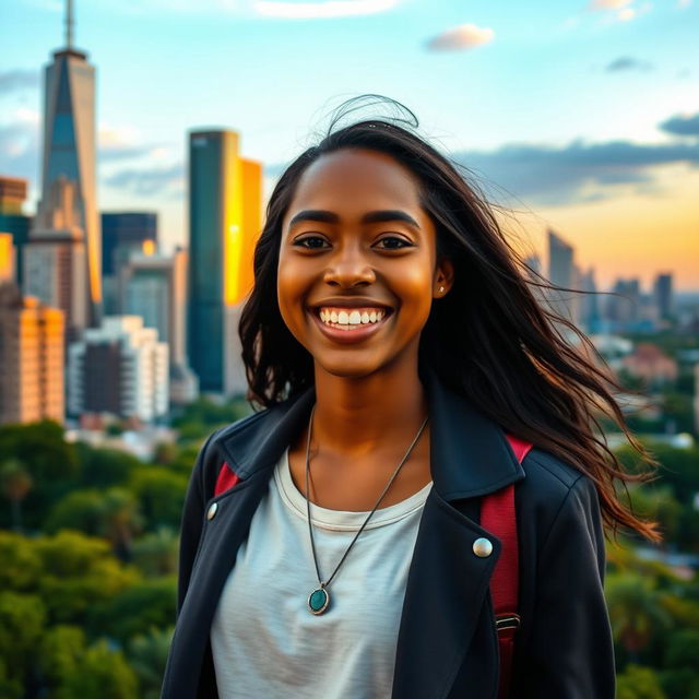 A young woman of diverse ethnic background, smiling brightly against an urban landscape