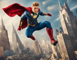 Raw 200mm photograph of Homelander in flight against a cityscape backdrop, styled in a Marvel-inspired setting.