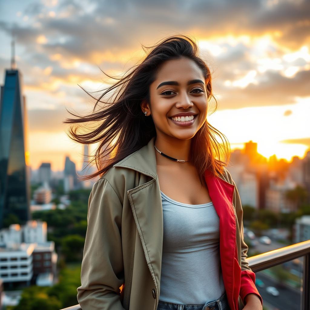 A young woman of diverse ethnic background, smiling brightly against an urban landscape