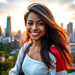 A young woman of diverse ethnic background, smiling brightly against an urban landscape
