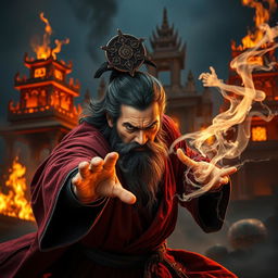 A powerful Vietnamese wizard with a mystical talisman on his head is fiercely battling a ghost, showcasing his magical prowess