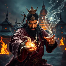 A powerful Vietnamese wizard with a mystical talisman on his head is fiercely battling a ghost, showcasing his magical prowess