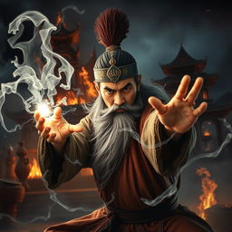 A powerful Vietnamese wizard with a mystical talisman on his head is fiercely battling a ghost, showcasing his magical prowess
