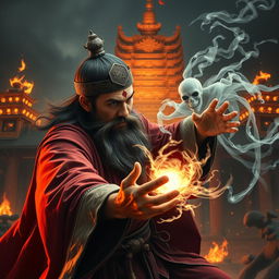 A powerful Vietnamese wizard with a mystical talisman on his head is fiercely battling a ghost, showcasing his magical prowess