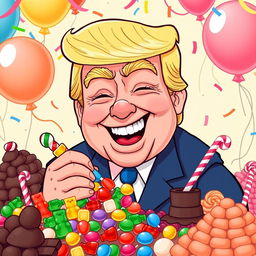 A lighthearted cartoon-style illustration of a jovial Donald Trump, the former President of the United States, munching on a variety of colorful candies