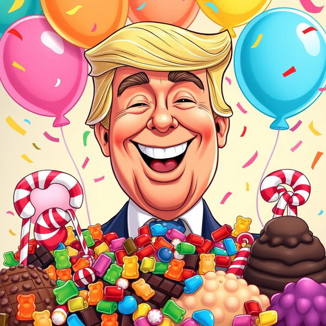 A lighthearted cartoon-style illustration of a jovial Donald Trump, the former President of the United States, munching on a variety of colorful candies