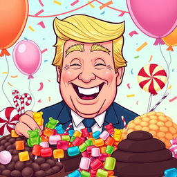 A lighthearted cartoon-style illustration of a jovial Donald Trump, the former President of the United States, munching on a variety of colorful candies