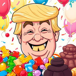 A lighthearted cartoon-style illustration of a jovial Donald Trump, the former President of the United States, munching on a variety of colorful candies