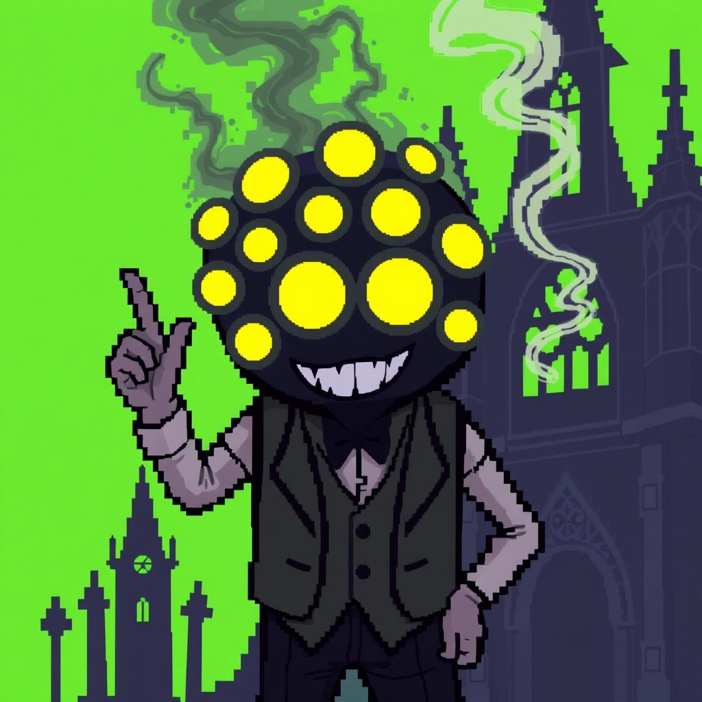 An abstract character in pixel art style, featuring a head made of smoky black material with numerous glowing yellow eyes