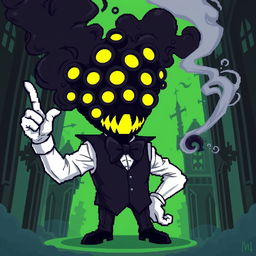 An abstract character in pixel art style, featuring a head made of smoky black material with numerous glowing yellow eyes