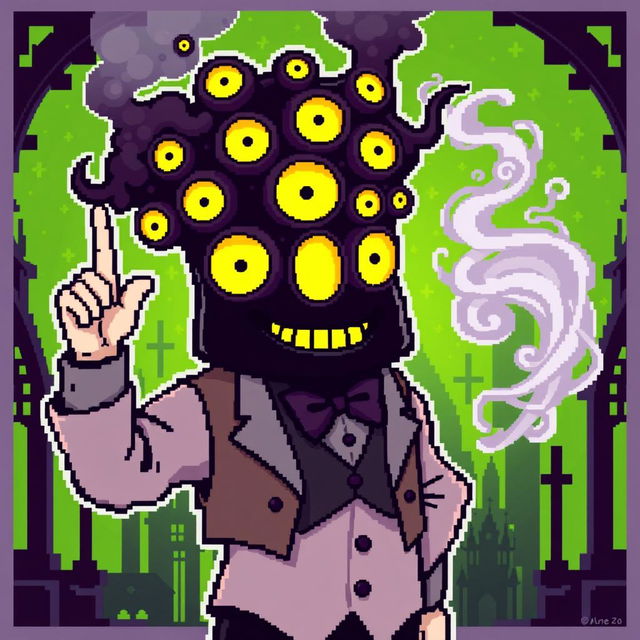 An abstract character in pixel art style, featuring a head made of smoky black material with numerous glowing yellow eyes