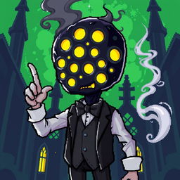 An abstract character in pixel art style, featuring a head made of smoky black material with numerous glowing yellow eyes