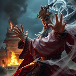A magnificent Vietnamese wizard adorned with a mystical talisman on his head is engaged in an epic battle with a ghost