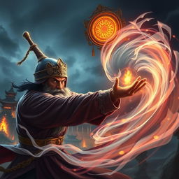 A magnificent Vietnamese wizard adorned with a mystical talisman on his head is engaged in an epic battle with a ghost